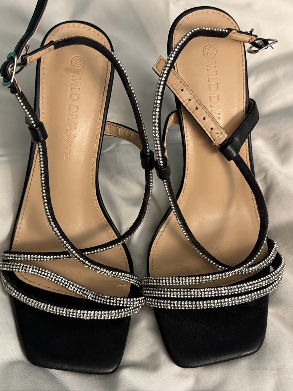 Wild Diva Black Strappy Rhinestone Heels